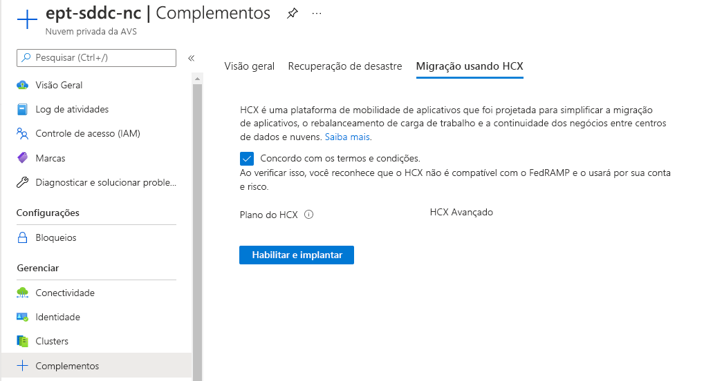 Screenshot displaying how to enable the VMware HCX add-on within the Azure portal.