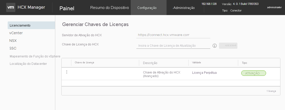 Screenshot of where to enter the VMware HCX Connector license key on-premises.