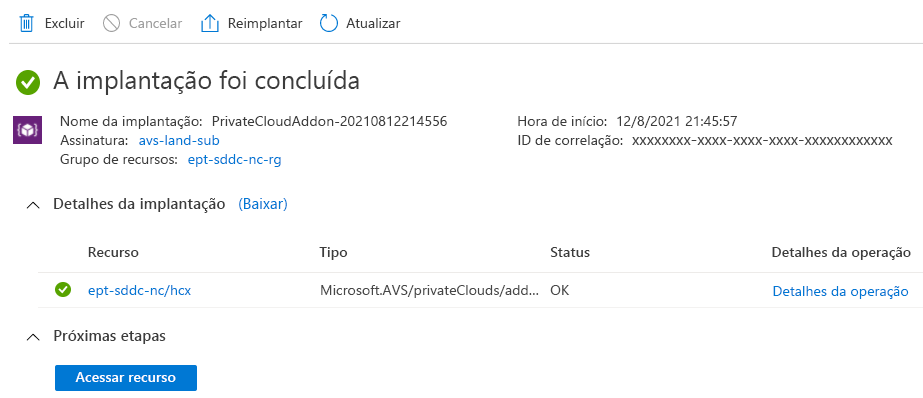 Screenshot displaying that the VMware HCX add-on installed after enabling the service within the Azure VMware Solution private cloud.