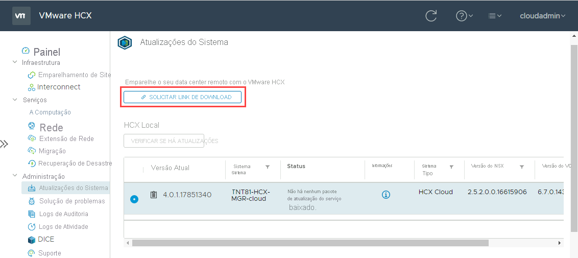 Screenshot of where to request a download link to the VMware HCX Connector OVA file for the on-premises VMware environment.