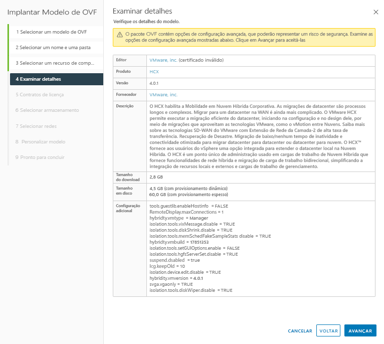 Screenshot to review advanced configuration details of the VMware HCX Connector appliance.