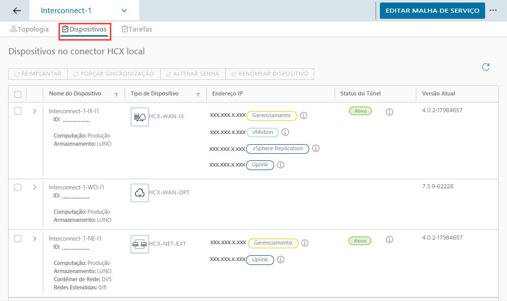 Screenshot of checking the health status of the on-premises HCX appliances.