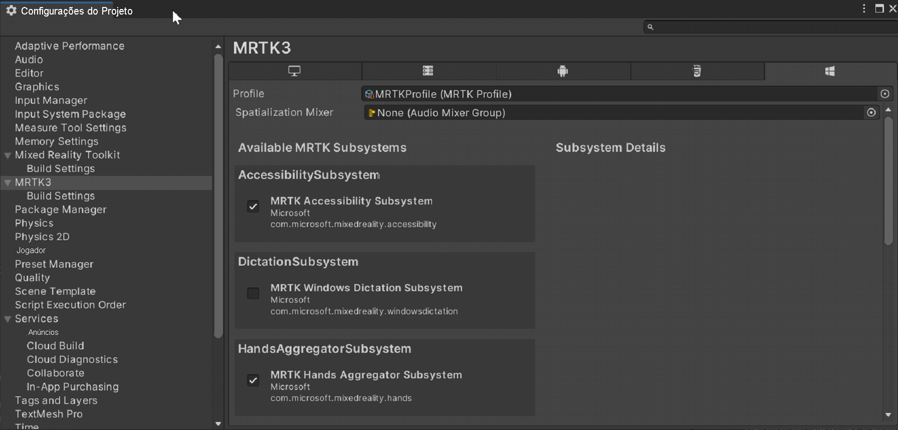 Screenshot of MRTK profile.