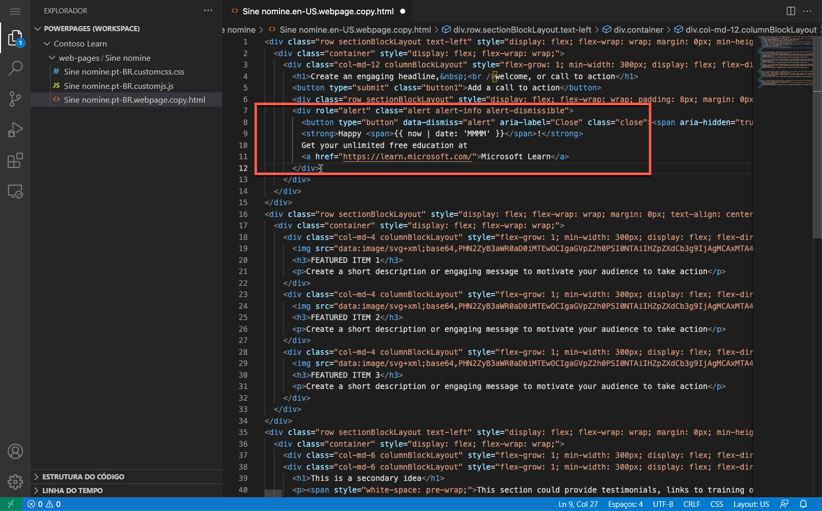 Captura de tela do conteúdo da página aberto no editor do Visual Studio Code para a Web com o novo conteúdo realçado.