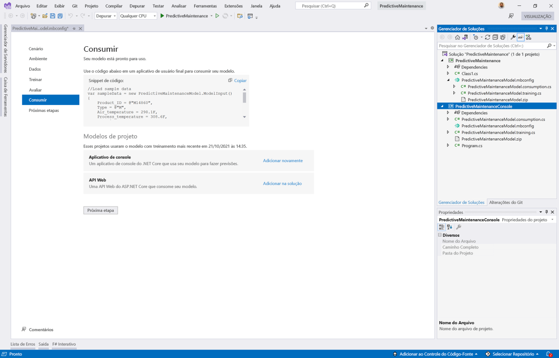 Screenshot that shows selections for consuming a machine learning model in a dot NET console application.