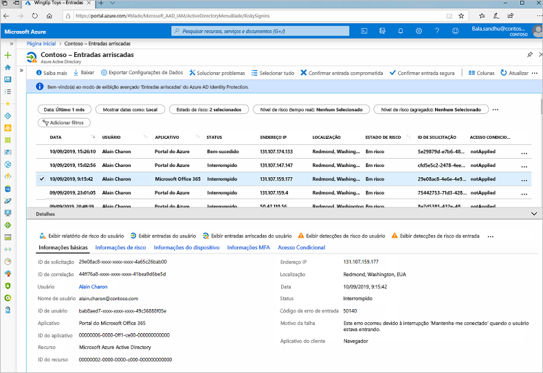 Screenshot of a risky sign-ins report in the Azure portal.