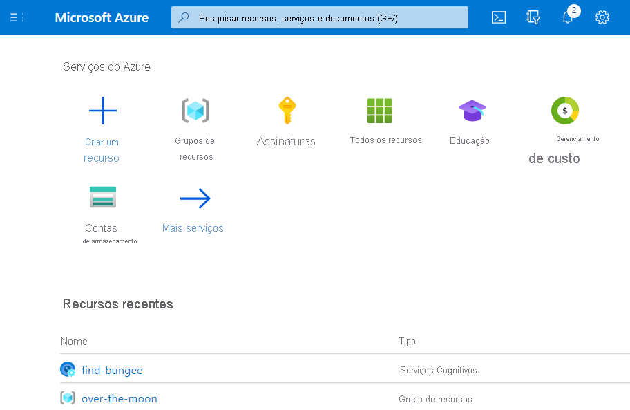 Captura de tela do portal do Azure com nosso grupo de recursos e o recurso de Visão Personalizada.