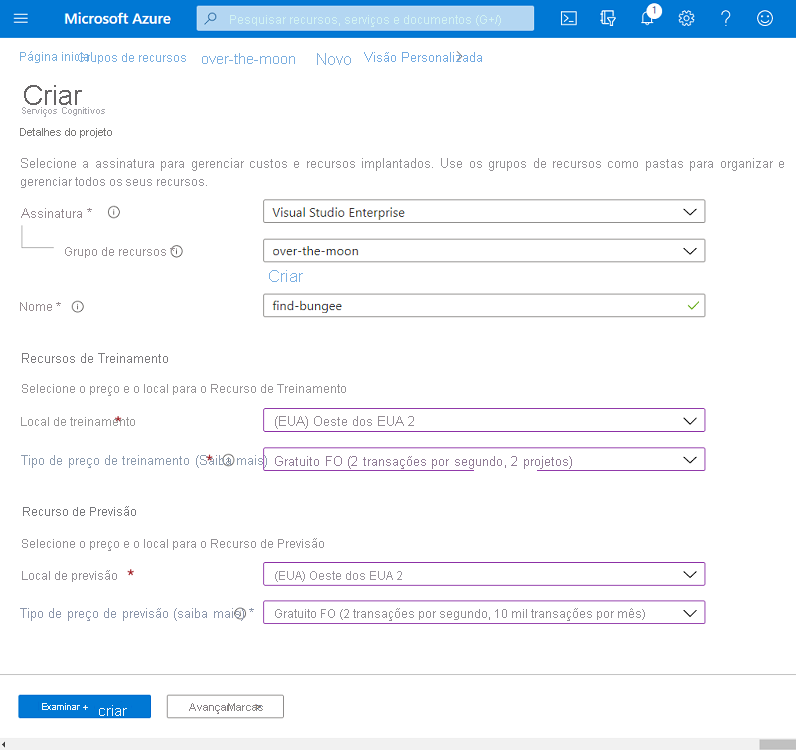 Captura de tela que mostra como criar um recurso de Visão Personalizada no Azure.