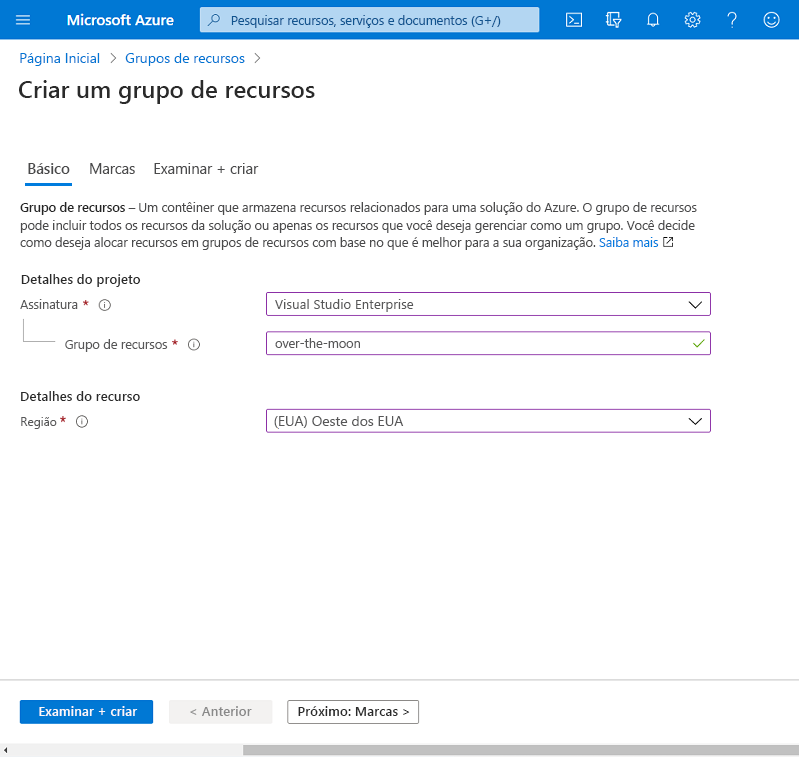 Captura de tela que mostra como criar um grupo de recursos no Azure.