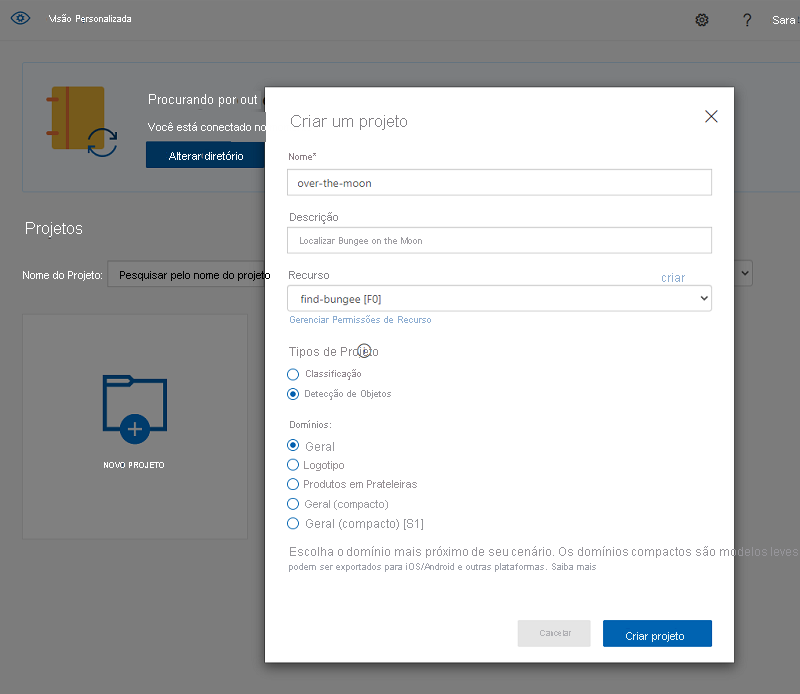 Captura de tela que mostra como criar um projeto de Visão Personalizada no portal de Visão Personalizada.