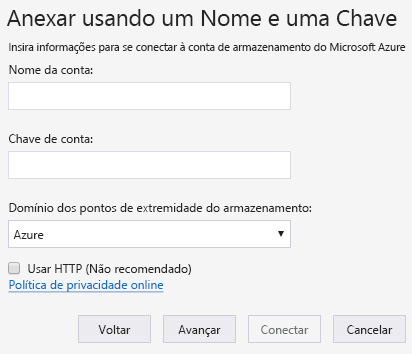 Captura de tela do assistente de Gerenciador de Armazenamento do Azure para se conectar a uma conta de armazenamento externa.