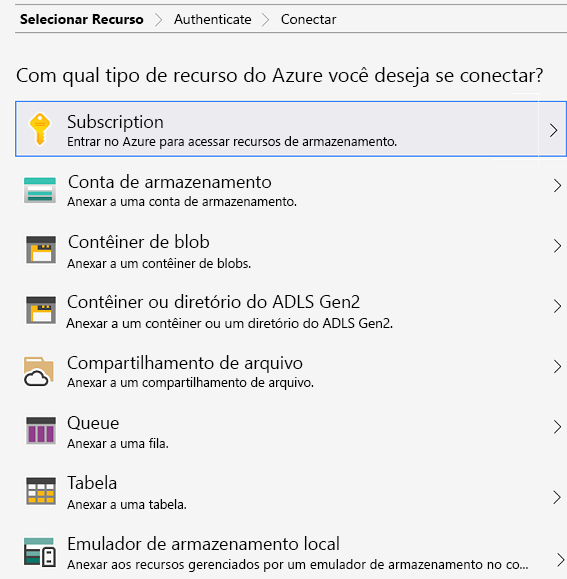 Captura de tela da página Gerenciar Contas do Azure Explorer.