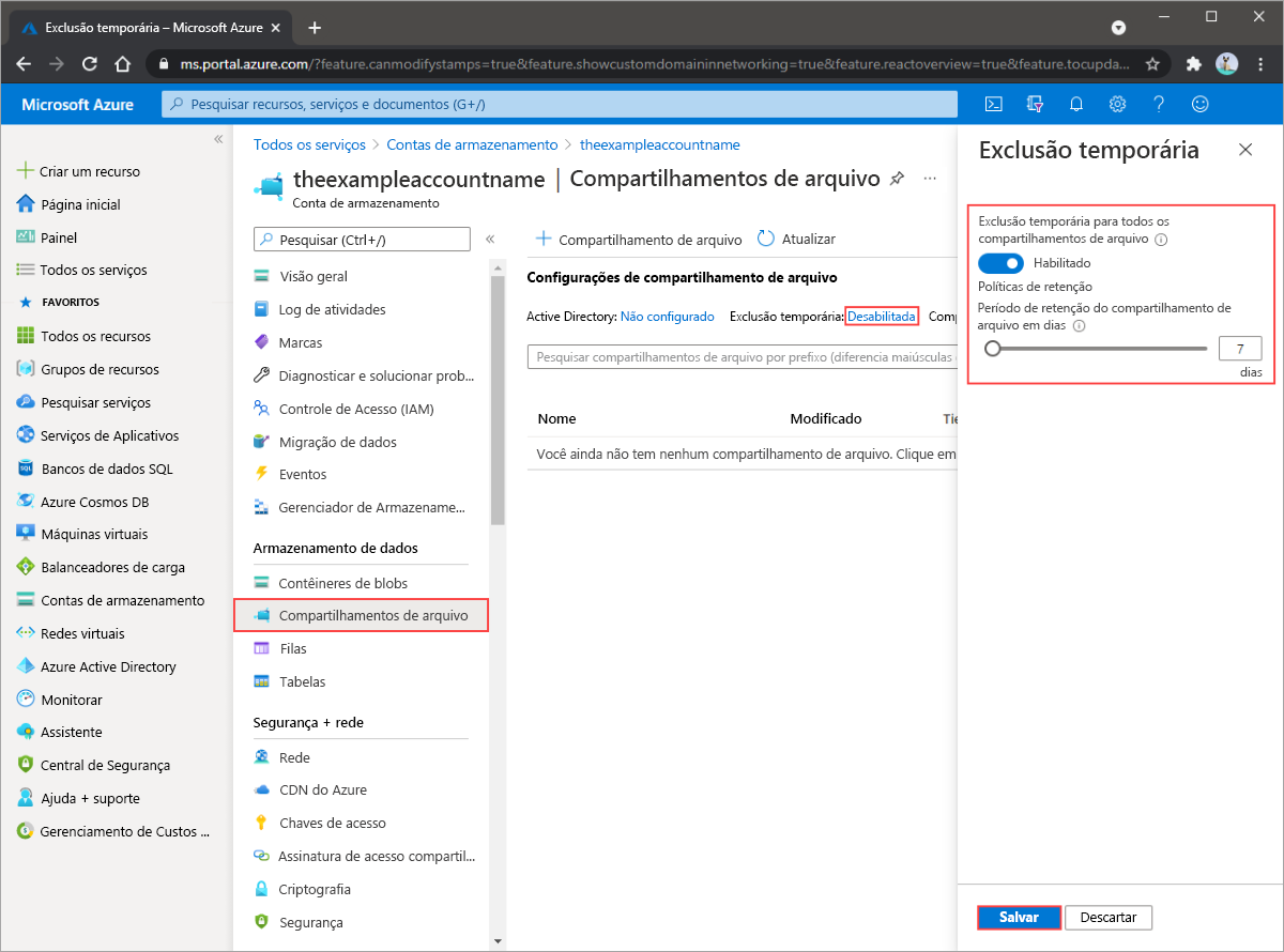 Ilustração que mostra como habilitar a exclusão temporária em um compartilhamento de arquivos do Azure.