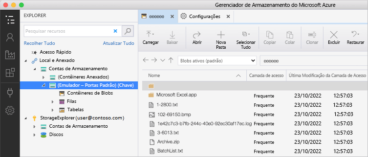 Captura de tela de Gerenciador de Armazenamento do Azure que mostra a conta de armazenamento do Emulador aberta, que tem uma pasta e vários documentos. As informações da camada de acesso estão visíveis.