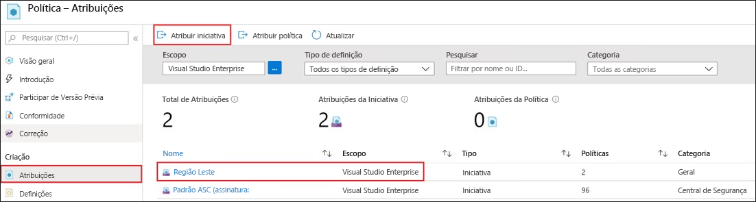 Screenshot that shows how to assign an initiative definition to resources or groups or resources to establish the scope.