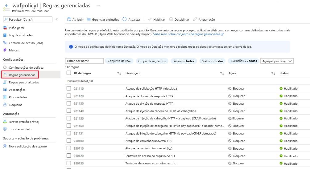 Screenshot that shows WAF policy managed rules.