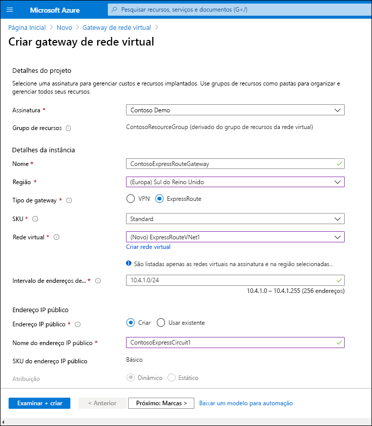 A screenshot of the Create virtual network gateway blade. The administrator has configured the values described in the preceding text.