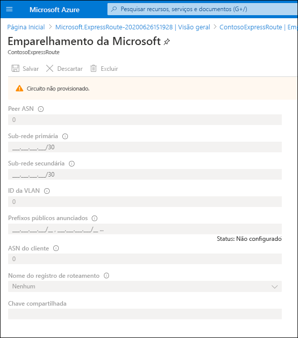 A screenshot pf the Microsoft peering blade. No values can be configured as the circuit is not provisioned. However, configurable values are as previously described.