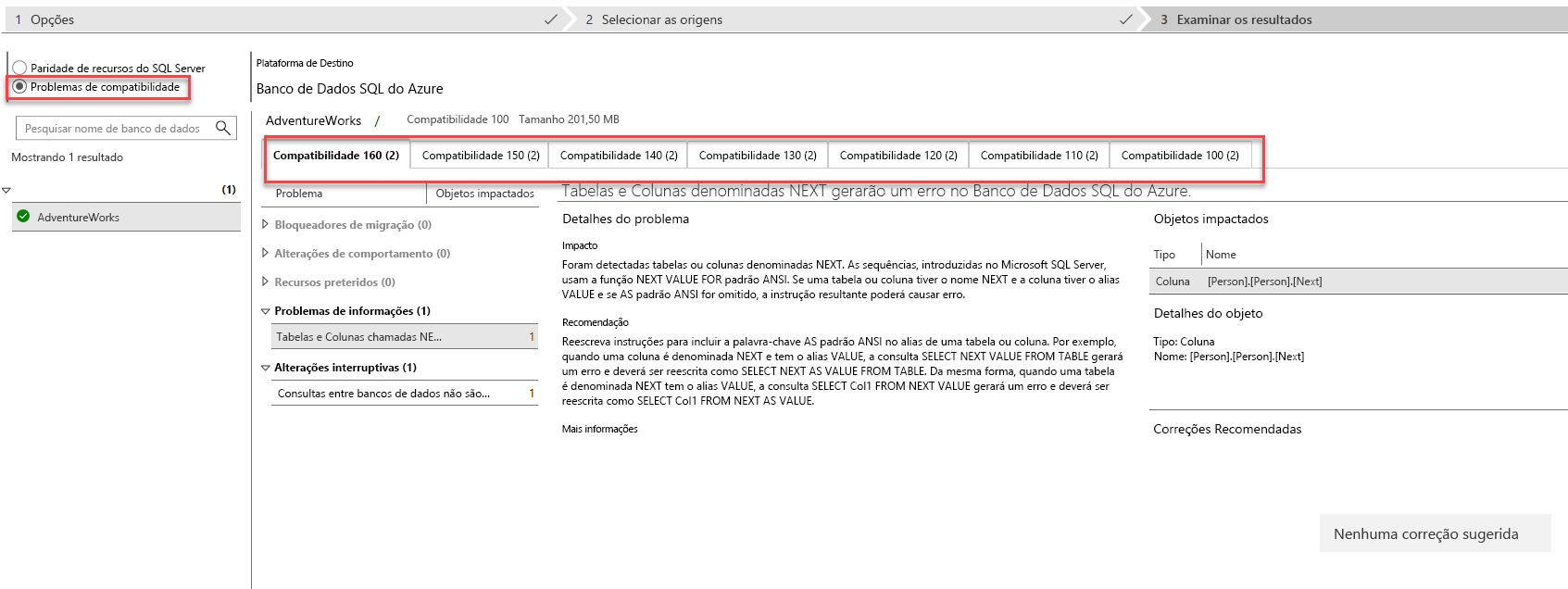 Captura de tela da guia Analisar resultados após a execução de uma avaliação de compatibilidade no Assistente de Migração de Dados.