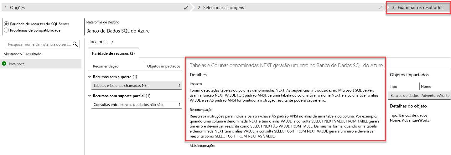 Captura de tela da guia Analisar resultados após a execução de uma avaliação no Assistente de Migração de Dados.