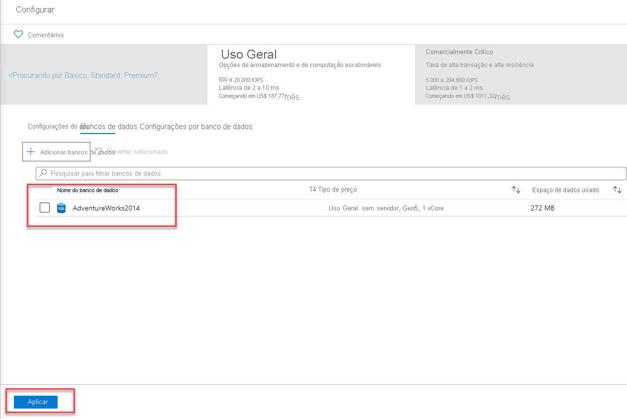 The Final Screen to add a database to an elastic pool