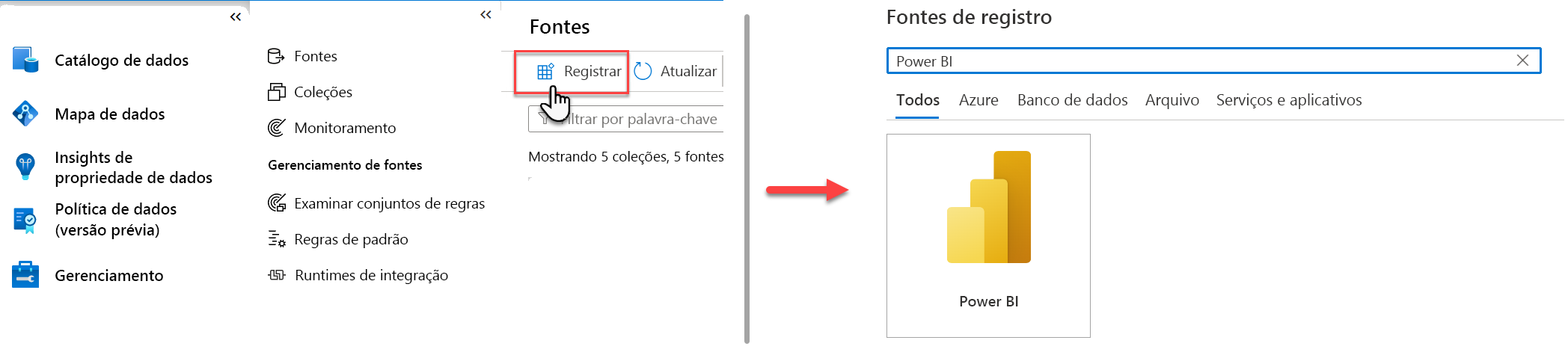 Screenshot of Microsoft Purview Data Map interface with pointer over blue register button.