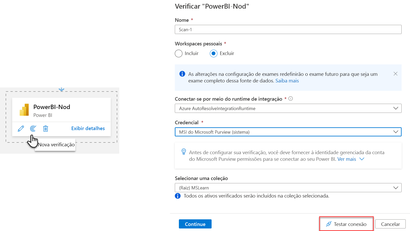 Screenshot of Microsoft Purview Data Map interface with pointer over blue circular scan button.