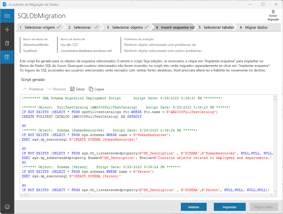 Captura de tela mostrando o script gerado no Assistente de Migração de Dados.