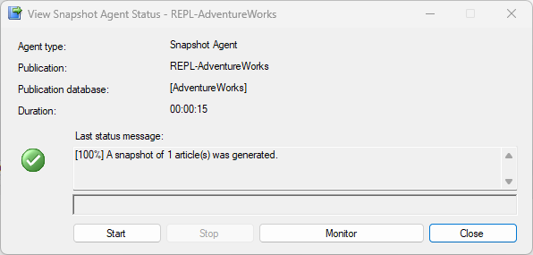 Screenshot showing the snapshot agent status in a transactional replication.