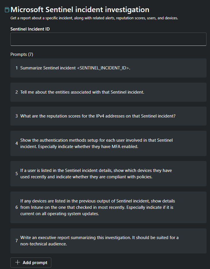 Captura de tela mostrando o promptbook de investigação de incidentes do Microsoft Sentinel.