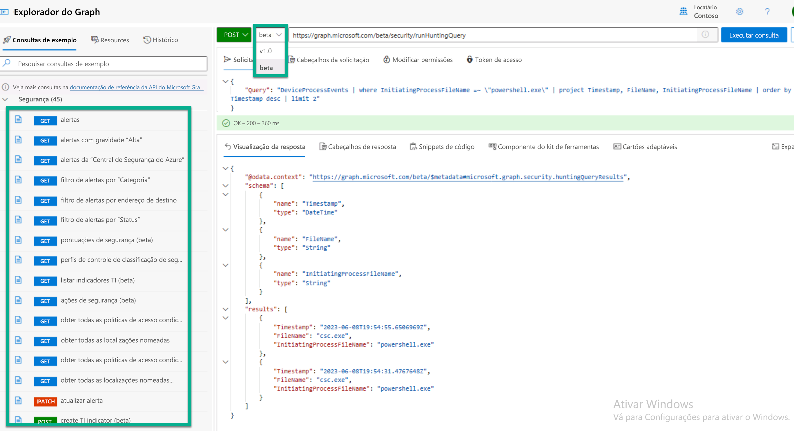 Screenshot of the Microsoft Graph Explorer running the KQL hunting query.