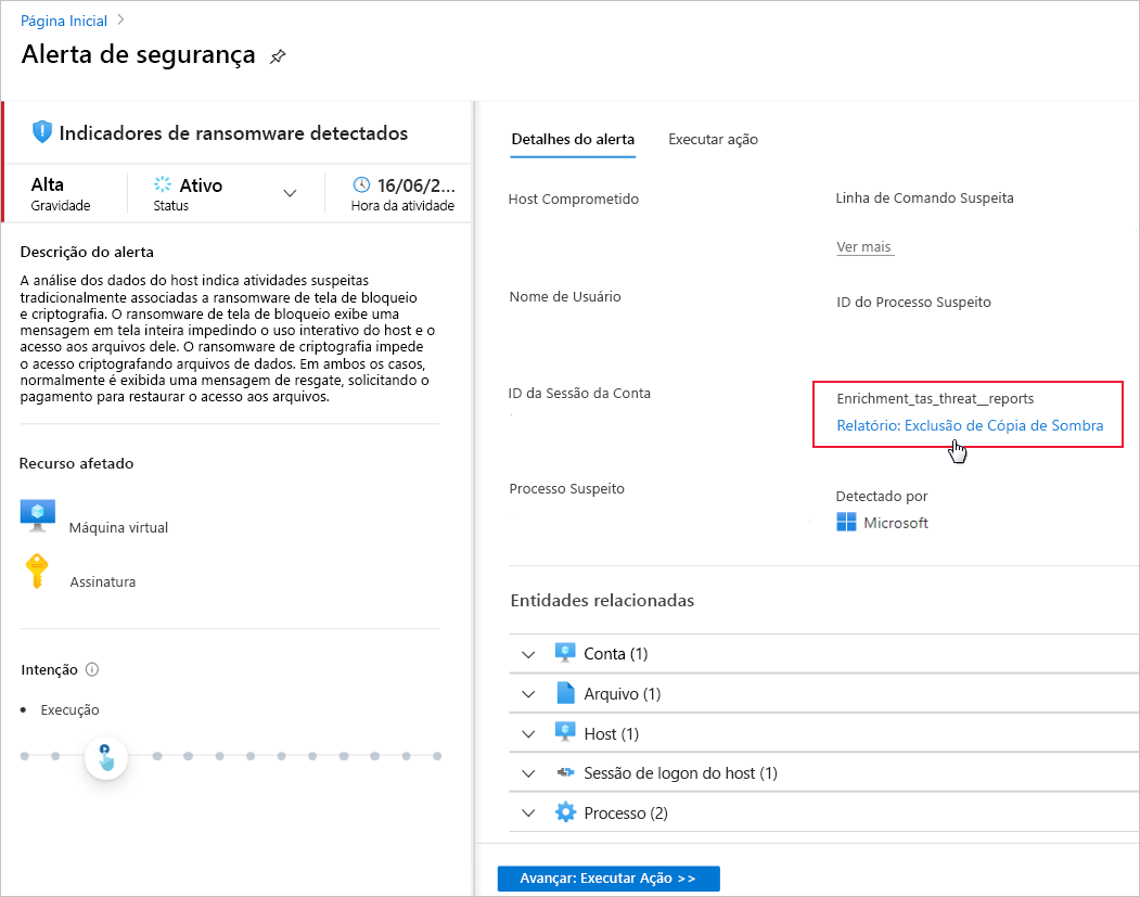 Screenshot of Defender for Cloud ransomware indicators detected link to threat intel report.