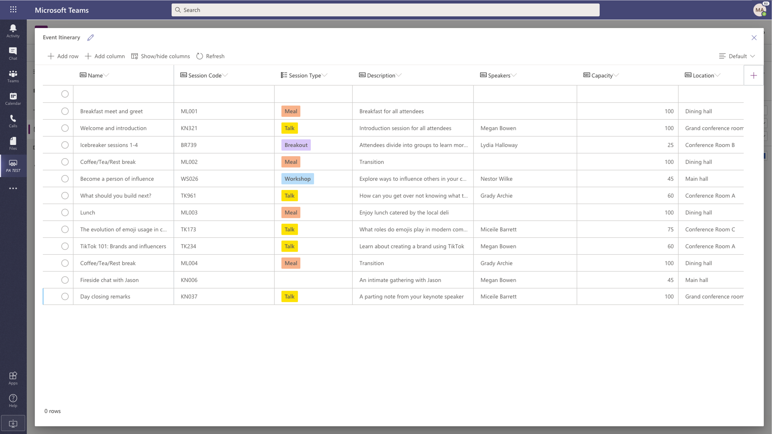 Captura de ecrã a mostrar a utilização do Microsoft Dataverse para o Teams no cliente do Teams.