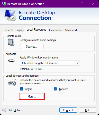 Captura de tela da caixa de diálogo Conexão da Área de Trabalho Remota que tem a guia Recursos Locais selecionada e o botão Mais realçado.