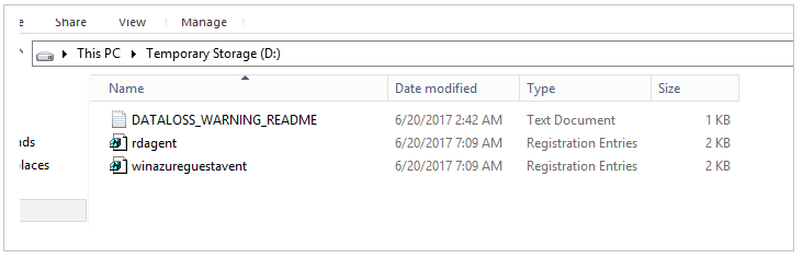 Captura de tela dos arquivos reg rdagent e winazureguestagent no Windows Explorer.