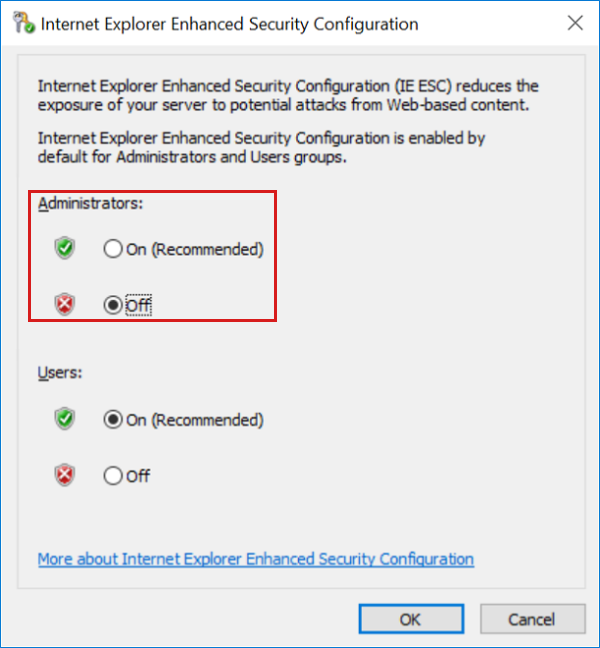 Captura de tela da caixa de diálogo para a configuração de segurança aprimorada do Internet Explorer, com a configuração desativada para administradores.