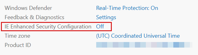 Captura de tela do gerenciador do servidor mostrando a configuração de segurança aprimorada do Internet Explorer desativada.