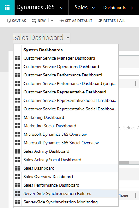 Captura de tela para selecionar o dashboard dashboard falhas de sincronização Server-Side na lista de dashboard.