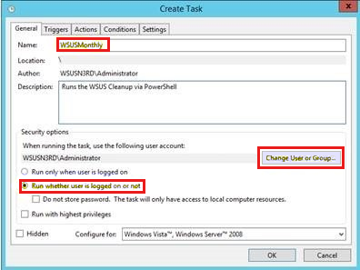 Screenshot of the WSUS Create a task screen.