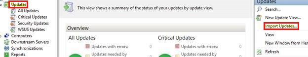 Screenshot shows how to import updates in WSUS.