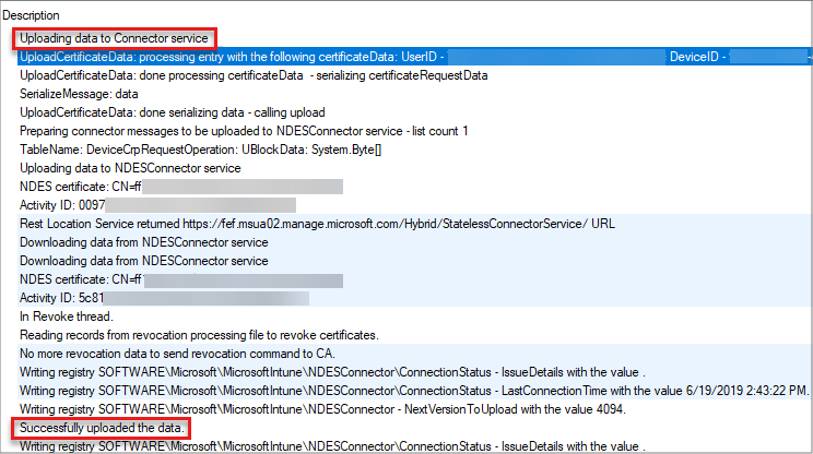 Captura de tela das entradas no log do Conector de Certificado Intune.