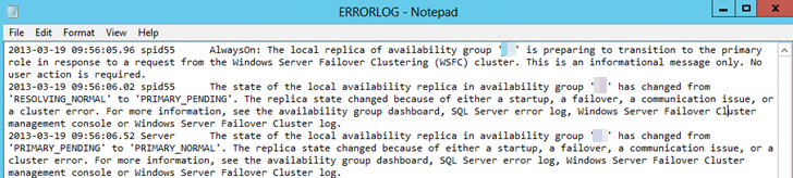 Captura de tela do log de erros se um failover automático for disparado com êxito.