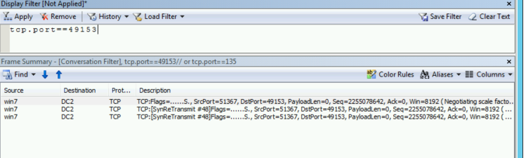 Captura de tela do Monitor de Rede que mostra os retransmissões do SYN do TCP.