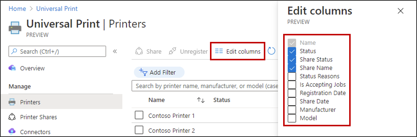 Uma captura de tela de colunas adicionais que estão sendo configuradas para uma lista de recursos no portal de Impressão Universal.