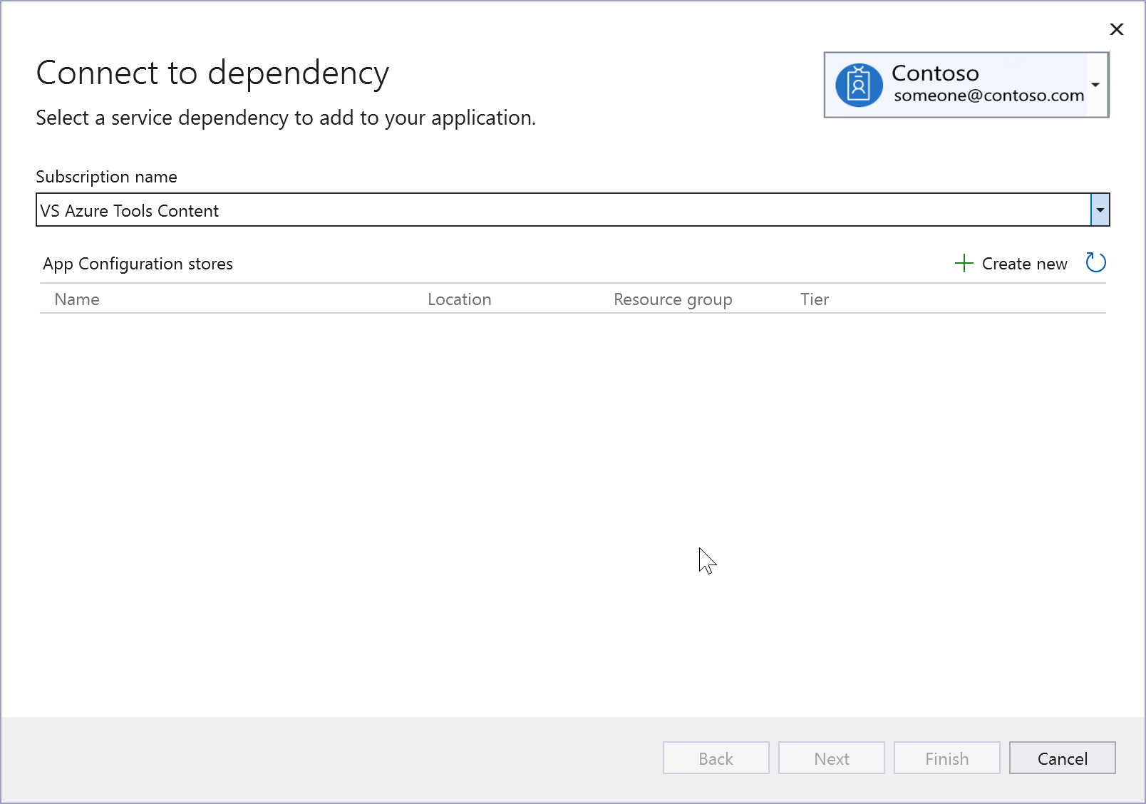 Captura de tela mostrando Conectar-se à dependência da Configuração de Aplicativos do Azure.