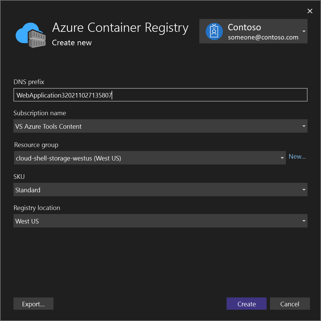 Captura de tela que mostra como inserir valores na caixa de diálogo para criar um novo Registro de Contêiner do Azure.