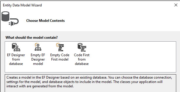 Captura de tela mostrando as opções para gerar o novo modelo no assistente do Modelo de Dados de Entidade.