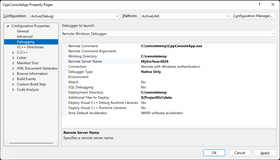 Captura de tela da guia Depuração nas Propriedades do Gerenciador de Soluções do Visual Studio. A propriedade Depurador a ser inicializado está definida como Depurador Remoto do Windows.