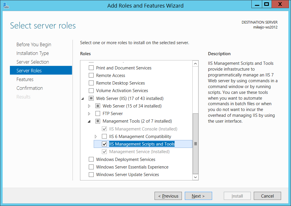 Instalar Scripts de gerenciamento e ferramentas do IIS