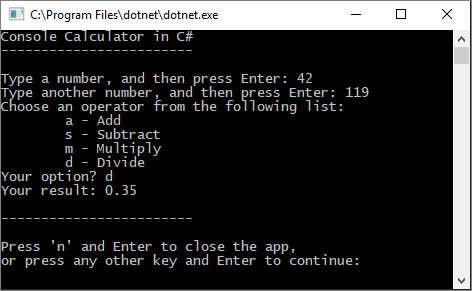 Screenshot showing a Console window with the refactored Calculator app.